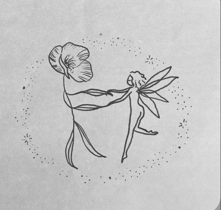 a black and white drawing of a person holding a flower in one hand with the other hand