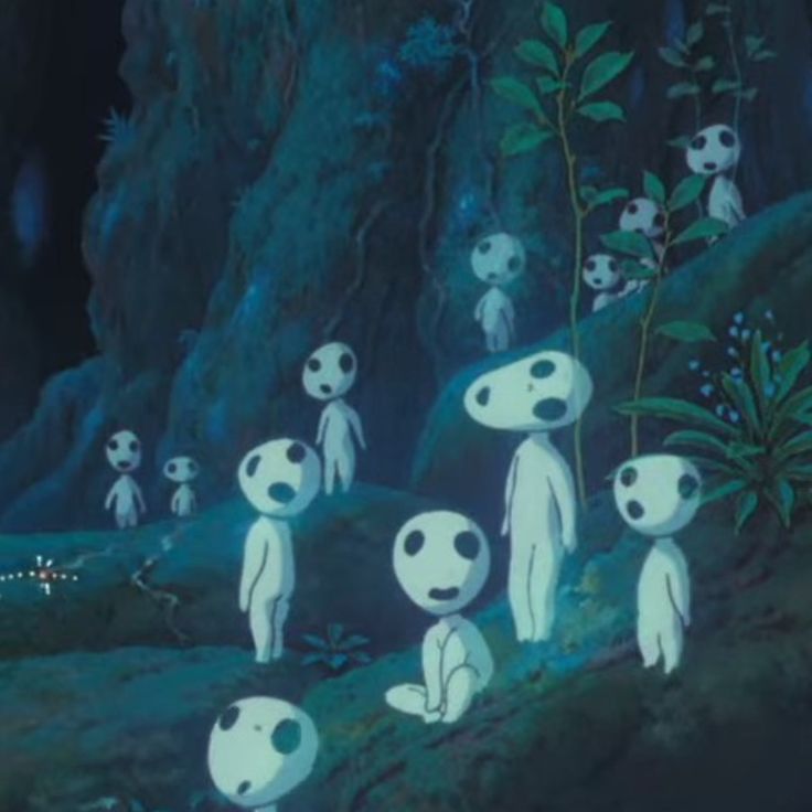 an animated scene with several people standing in the woods