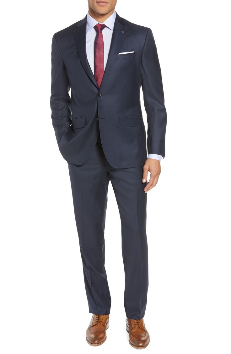 Ted Baker London Jones Trim Fit Solid Wool Suit | Nordstrom Suits No Tie, Navy Slim Fit Suit, Mens Suits Navy, Blue Slim Fit Suit, Navy Blue Suit, Lapel Jacket, Guest Attire, Prom Suits, Trim Fit