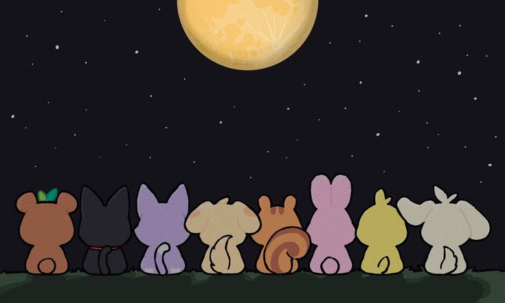 a group of cartoon animals standing in front of the moon