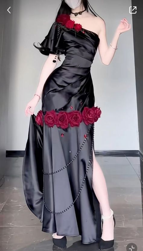 Idea For Dress Design, Chinese Dress Aesthetic, Hollywood Aesthetic Outfits, Dress Ideas Aesthetic, Red Carpet Dresses Ideas, Rose Inspired Outfits, Cute Dress Designs, Dress Art Reference, Asymmetrical Dress Formal