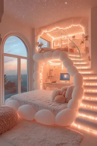 a bedroom decorated in white with lots of lights on the walls and stairs leading up to it