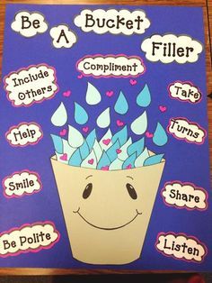 a bulletin board with an image of a bucket filled with raindrops and the words be a bucket filler