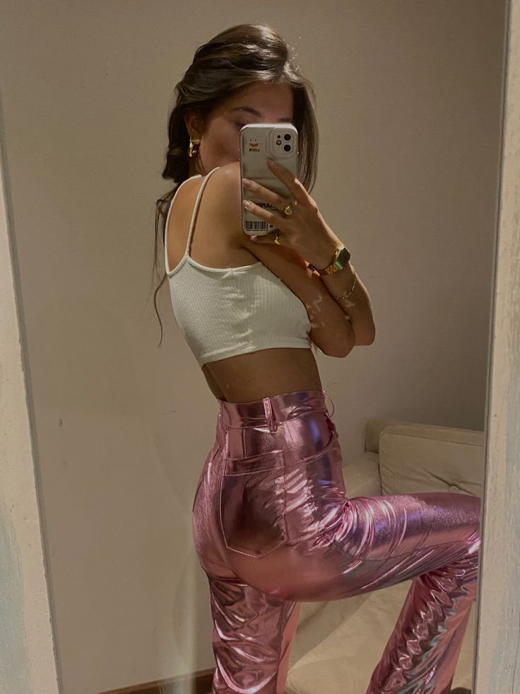 Pink Metalic Outfit, Pink Metallic Top, Metallic Pink Pants, Metallic Pink Outfit, Pink Metallic Skirt Outfit, Pink Metallic Pants Outfit, Metallic Shorts Outfit, Tulle Top Outfits, Pink Metallic Pants