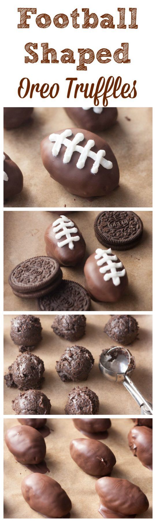 chocolate covered football shaped oreo truffles on a table