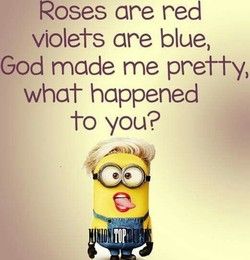 a minion saying roses are red violets are blue god made me pretty, what happened to you?