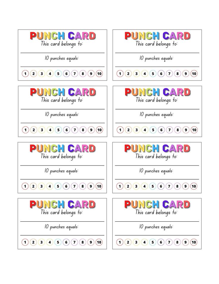 printable punch card with the words punch card in different colors and font on it