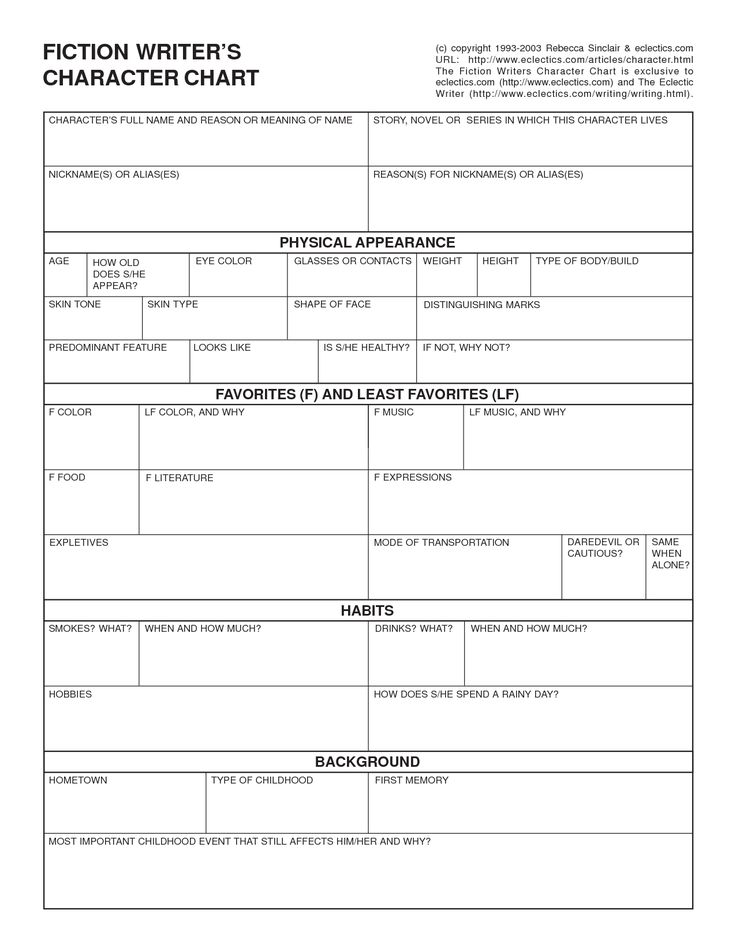 the fiction writer's character chart is shown in black and white, with text on it