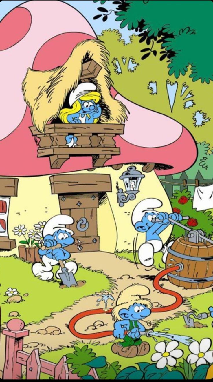 the smurfs are playing in front of a mushroom house