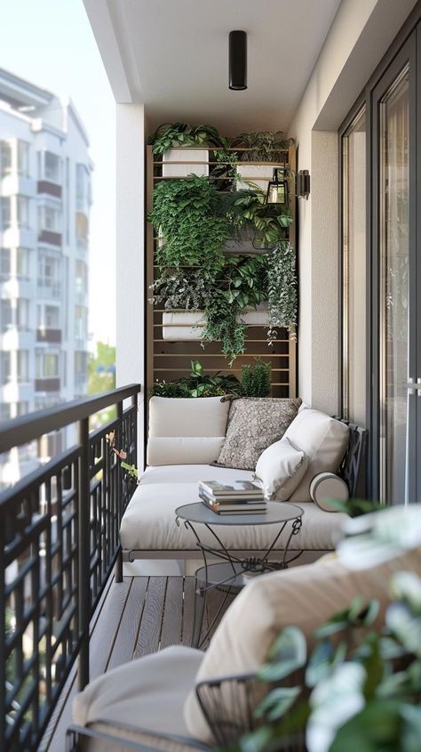 a balcony with white furniture and plants on the wall