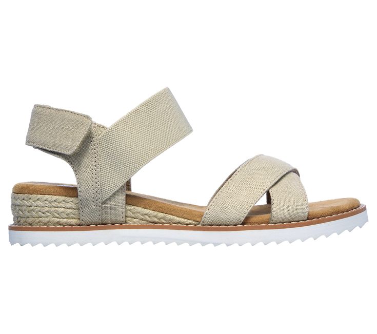 Enjoy your outdoors time in comfort and breezy style wearing the BOBS from Skechers Desert Kiss - Secret Picnic sandal. This strappy sandal features a linen and stretch fabric upper and a cushioned Memory Foam footbed. For every BOBS purchase, a donation is made to animals in need. | Skechers Women's BOBS Desert Kiss - Secret Picnic Sandals | Medium Width | Skechers contoured Memory Foam comfort footbed | Soft linen upper with leopard print lining | Strappy casual open-toe sandal design | Adjust Sandal Design, Picnic Style, Espadrilles Style, Low Heel Wedges, Low Wedges, Wide Shoes, Skechers Women, Designer Sandals, Open Toe Sandals