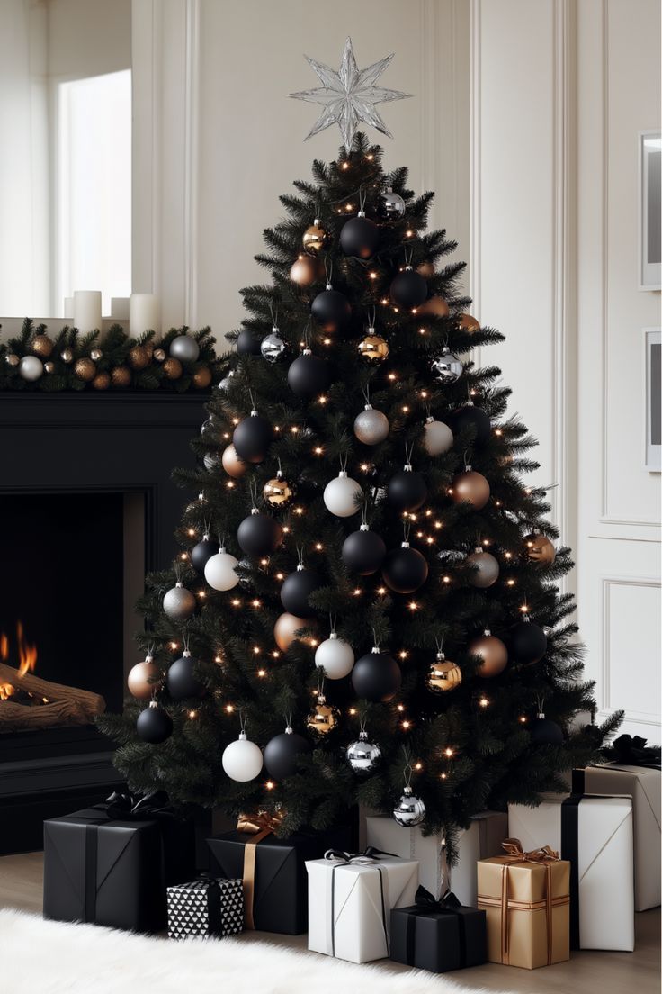 a decorated christmas tree in front of a fireplace