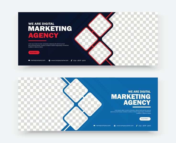 two horizontal banners with blue and red squares on them, one is for marketing agencies