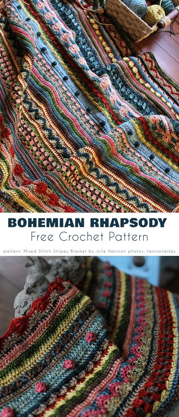 a crocheted afghan is shown with the text bohemian rhapsody free crochet pattern