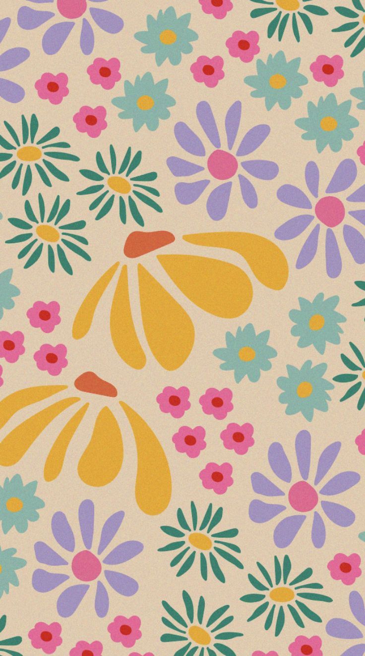 an image of a flower pattern with many colors and shapes on the background, as well as small flowers