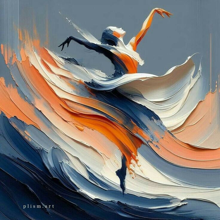 an abstract painting of a woman dancing in the water with orange and blue swirls