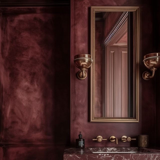 a bathroom with a marble sink and red walls, gold fixtures and a mirror on the wall