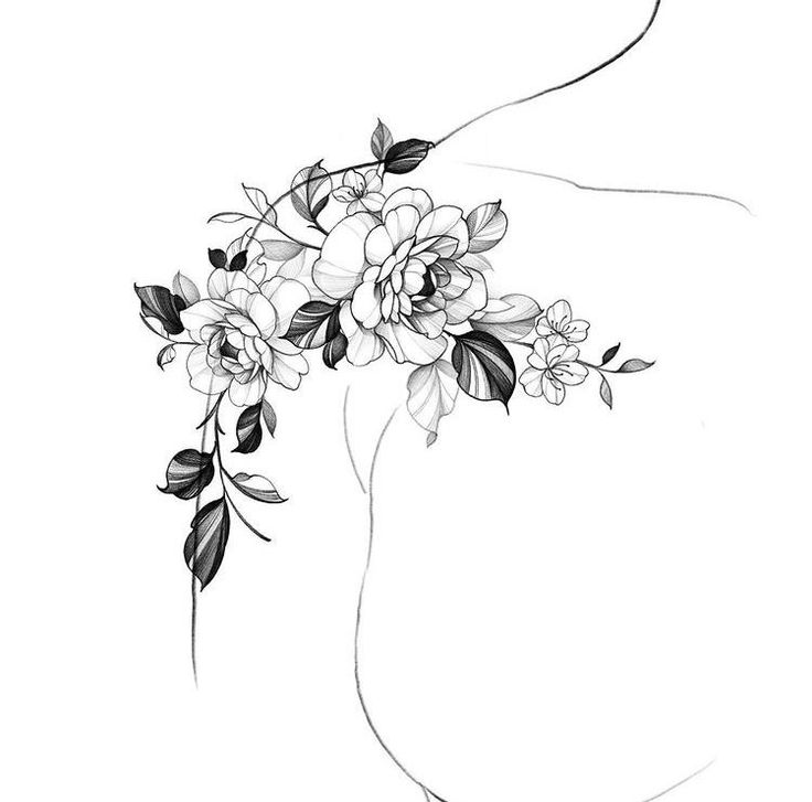 a black and white drawing of flowers on the back of a woman's head