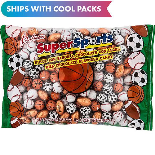 a bag of candy filled with sports balls