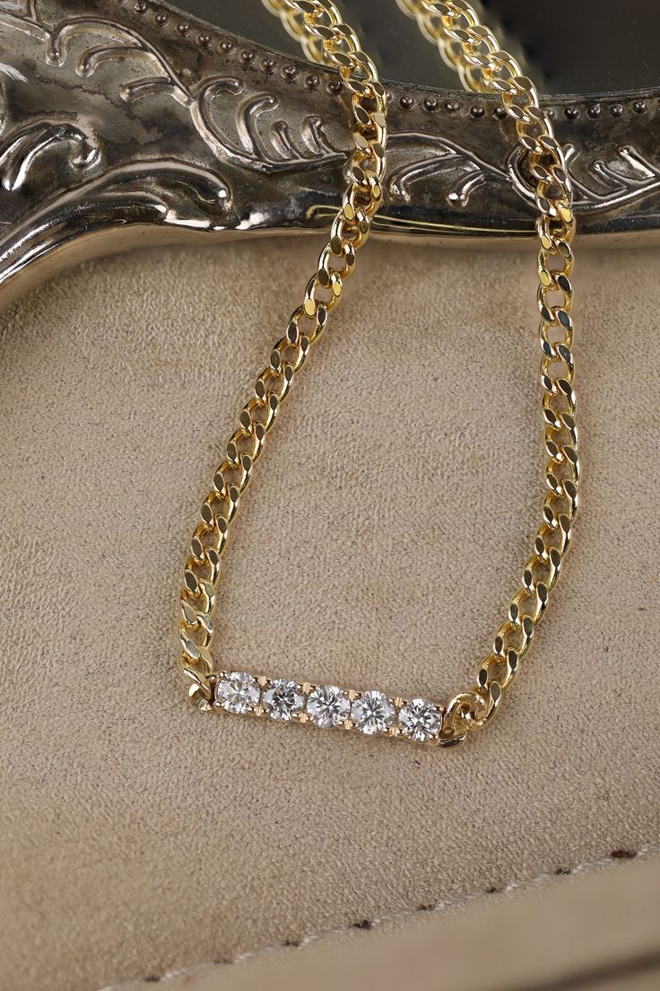 14k Gold Cuban Chain Diamond Necklace / 3mm Cuban Link Necklace with Large Diamonds in 5 Prong Setting / Curb Chain Necklace / 0.60ctw ✔ Handmade ✔ Natural Diamond ✔ Total Carat Weight Diamonds: 0.60ctw ✔ Dimensions of Setting: 3.5 mm The dimension of the links: 3mm Available 14K Yellow Gold ( SOLID GOLD ) 🛠 All Sarah Elise pieces are handcrafted to order, please allow 4 - 10 business days for shipping out. Need it sooner? Just ask and we will let you know if it's possible. 💎 We use only top-g Cubic Zirconia Diamond Necklace With Curb Chain For Gifting, Diamond Accented Chain Link Necklace For Gift, Gold Link Jewelry With Diamond Accents, Gold Link Necklace With Diamond Accents, Gold Jewelry With Diamond Accents In Link Shape, Gift Chain Link Necklace With Diamond Accents, Diamond White Curb Chain Jewelry For Anniversary, Gold Link Chain Necklace With Diamond Accents, Elegant Gold Diamond Necklace With Curb Chain