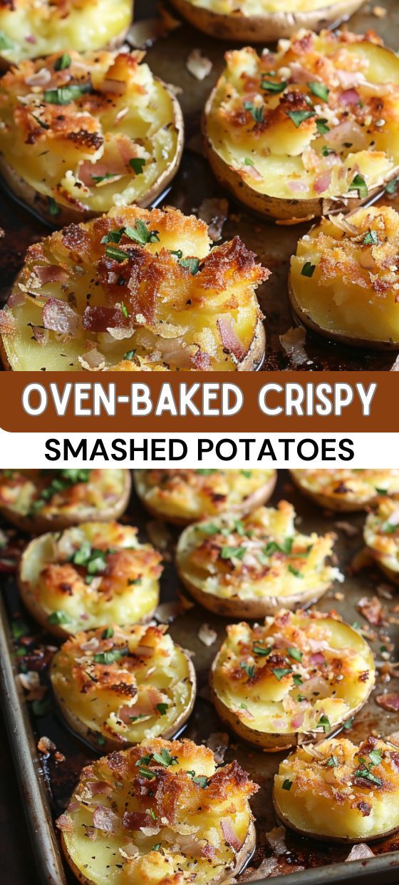 oven baked crispy smashed potatoes on a baking sheet