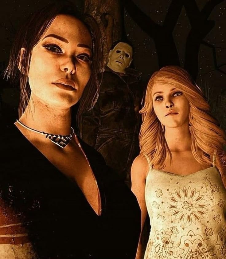 two women standing next to each other in front of a creepy tree with faces on it