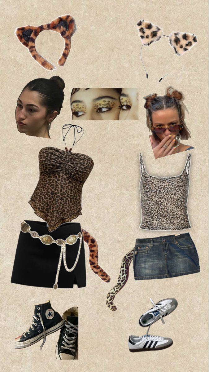 a collage of different items including shoes, shorts and leopard print top on a beige background