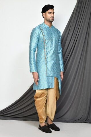 Sky blue full sleeve kurta with floral jacquard woven motifs and mandarin collared neckline. Paired with dark beige dhoti pant. - Aza Fashions Full Sleeve Kurta, Men Kurta, Plain Blue, Dhoti Pants, Floral Jacquard, Dark Beige, Jacquard Weave, Full Sleeves, Mandarin Collar