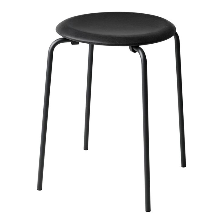 a black stool with metal legs and a seat cushion on the bottom, in front of a white background