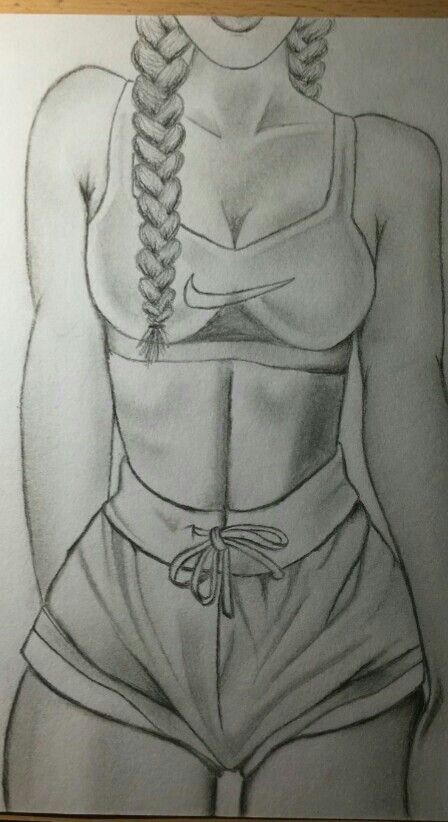 a drawing of a woman with braids on her head and bra in the back