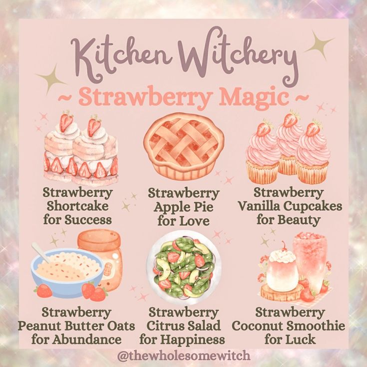 the kitchen witchery strawberry magic recipe is shown on a pink background with stars and sparkles