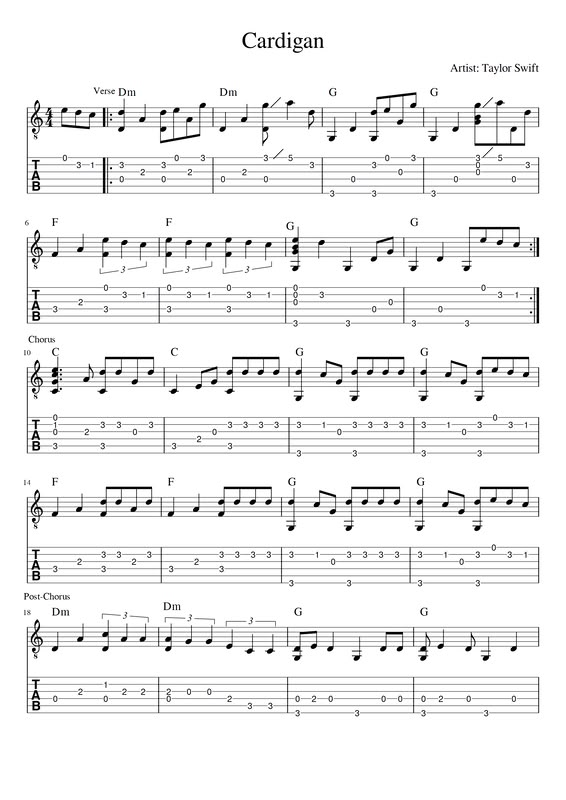 sheet music for guitar with the words cardigan on it