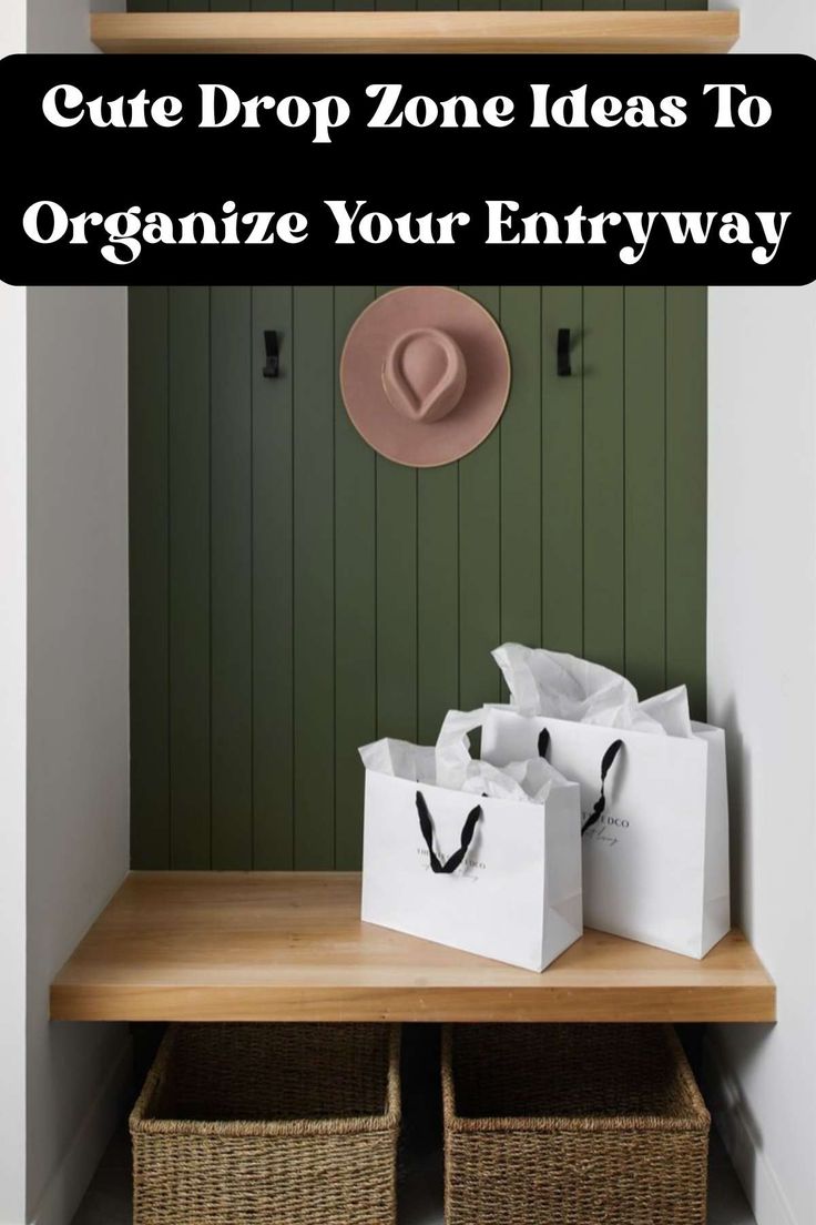 some baskets are sitting on top of a wooden shelf with the words crate drop zone ideas to organize your entryway