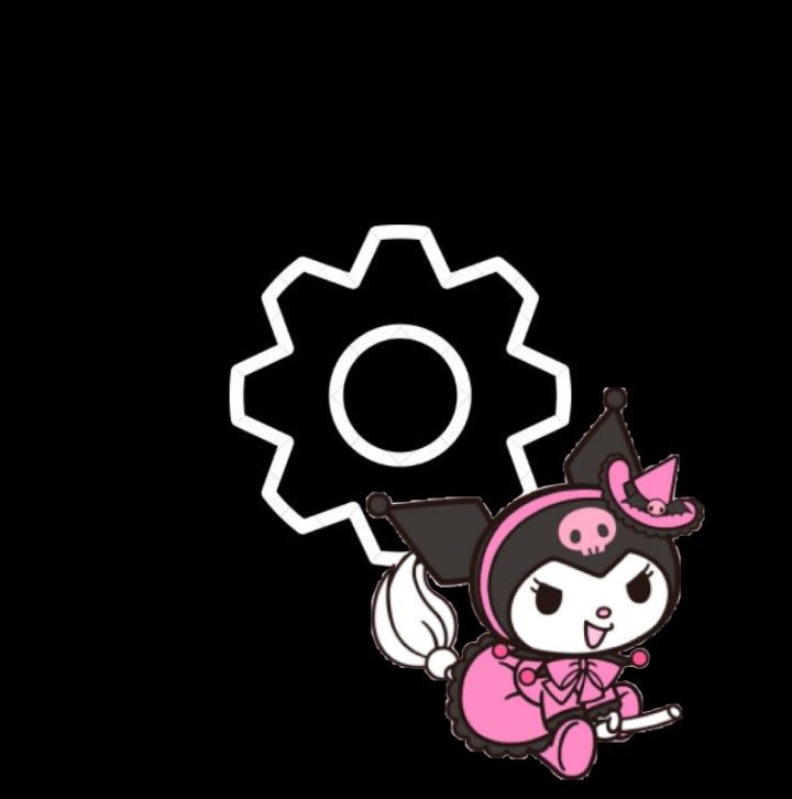 an anime character with a gear wheel on her head and pink hair, sitting in front of a black background