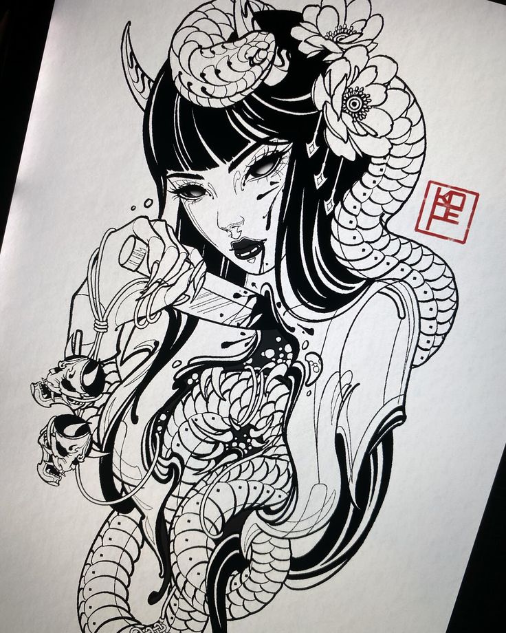 an ink drawing of a woman with flowers on her head and dragon around her neck