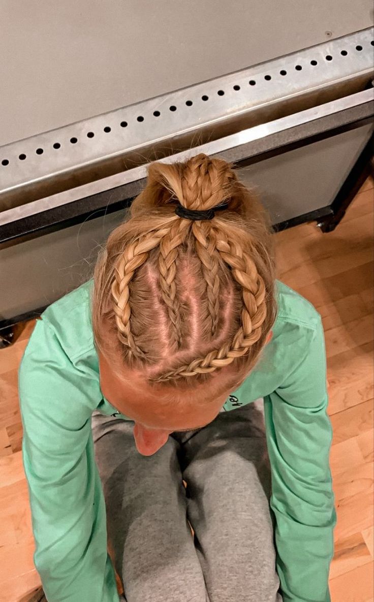 Braided Updo Sports, Dutch Braid Hairstyles For Softball, Fun Dutch Braids, 4 Dutch Braids Into Ponytail, Cool Dutch Braids, Softball Cornrows, Sports Hairstyles Braids, Cool Dutch Braids Hairstyles, Lacrosse Braids