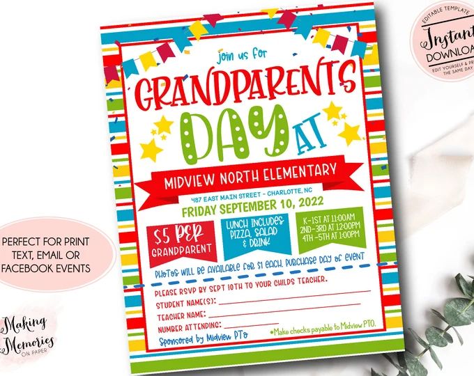 this is an image of a colorful grandparents day party card with the text grandparent's day on it