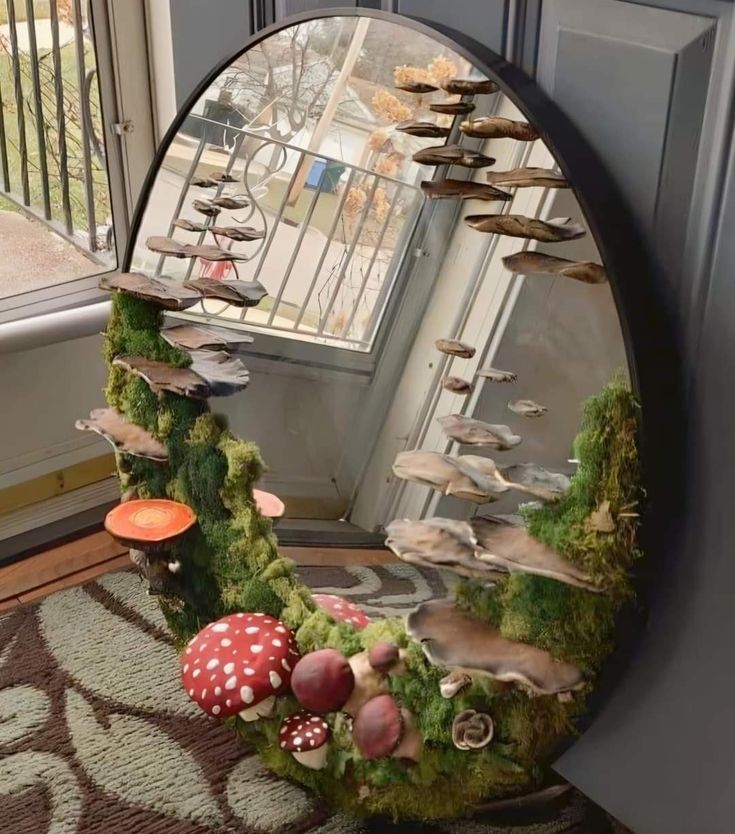 a mirror that has mushrooms on it