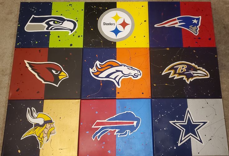 several different nfl stickers are arranged on a multi - colored background