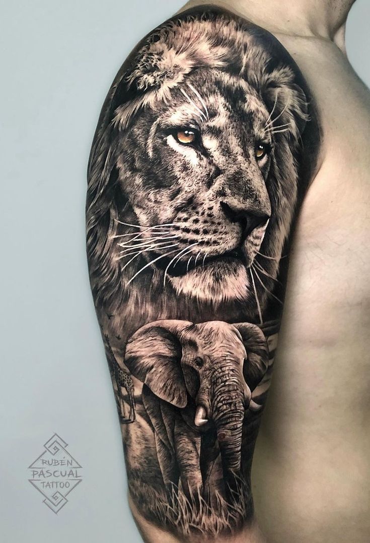 a man's half sleeve with an elephant and lion tattoo on his left arm