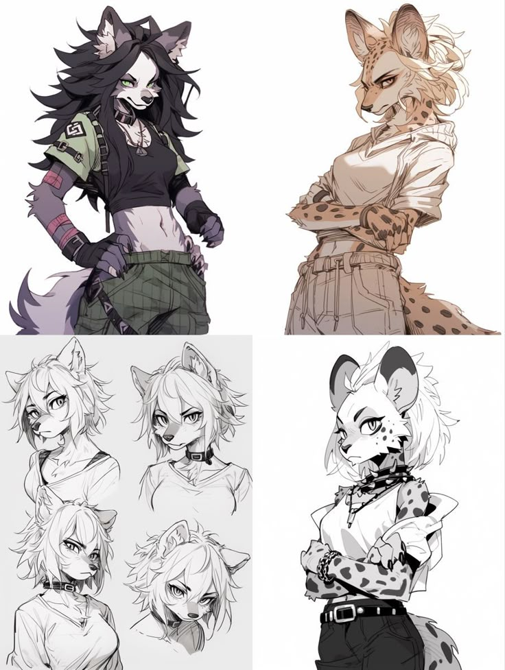 four different pictures of anime characters with their hair pulled back and cats on their backs