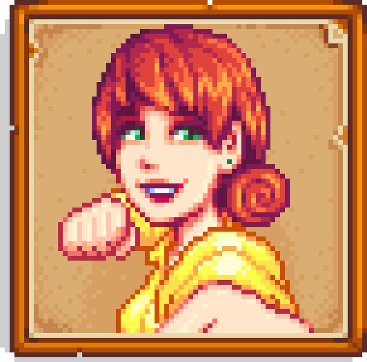 an old pixel art style image of a woman with red hair and green eyes pointing to the