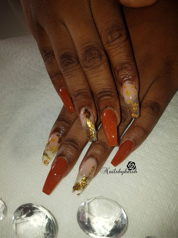 Nails With Gold Flakes Coffin, Fall Season Nails Square, Multi Color Fall Nails, Burnt Orange And Gold Nails, Chrome Orange Nails, October Nails Fall Colors, Fall Marble Nails, Fall Nails With Leaves, Coffin Nails Fall