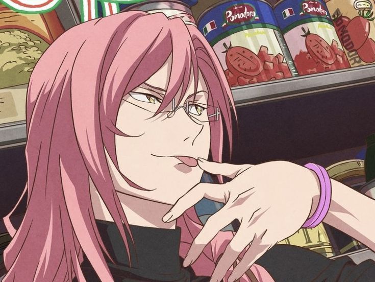 an anime character with pink hair and glasses, holding her finger up to her mouth