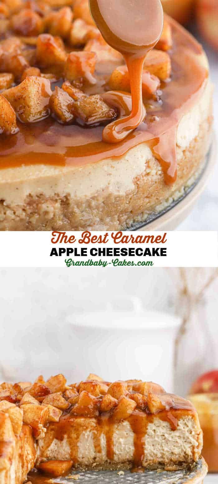 the best caramel apple cheesecake is on top of the cake and has been drizzled with caramel