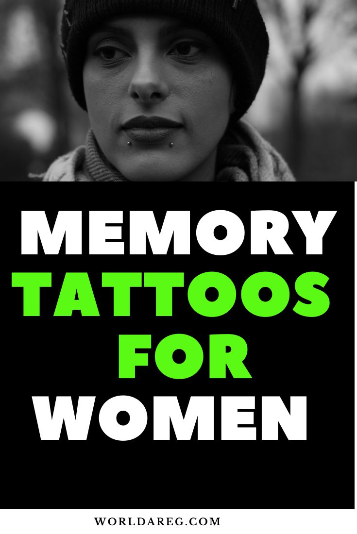 the words memory tattoos for women are shown in black and white, with green lettering