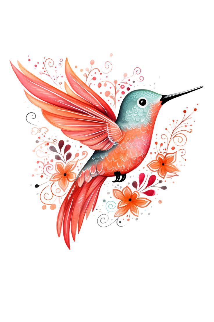 a colorful hummingbird flying through the air with flowers on it's back end