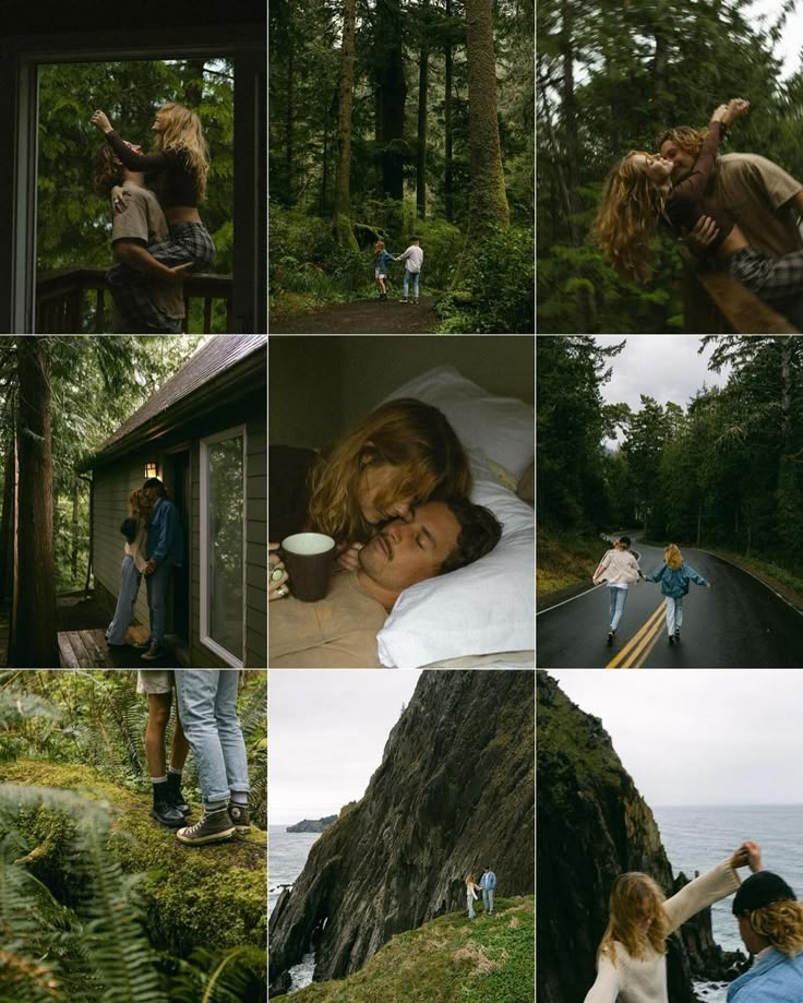 several pictures of people in the woods and on the road, with one person holding a cup