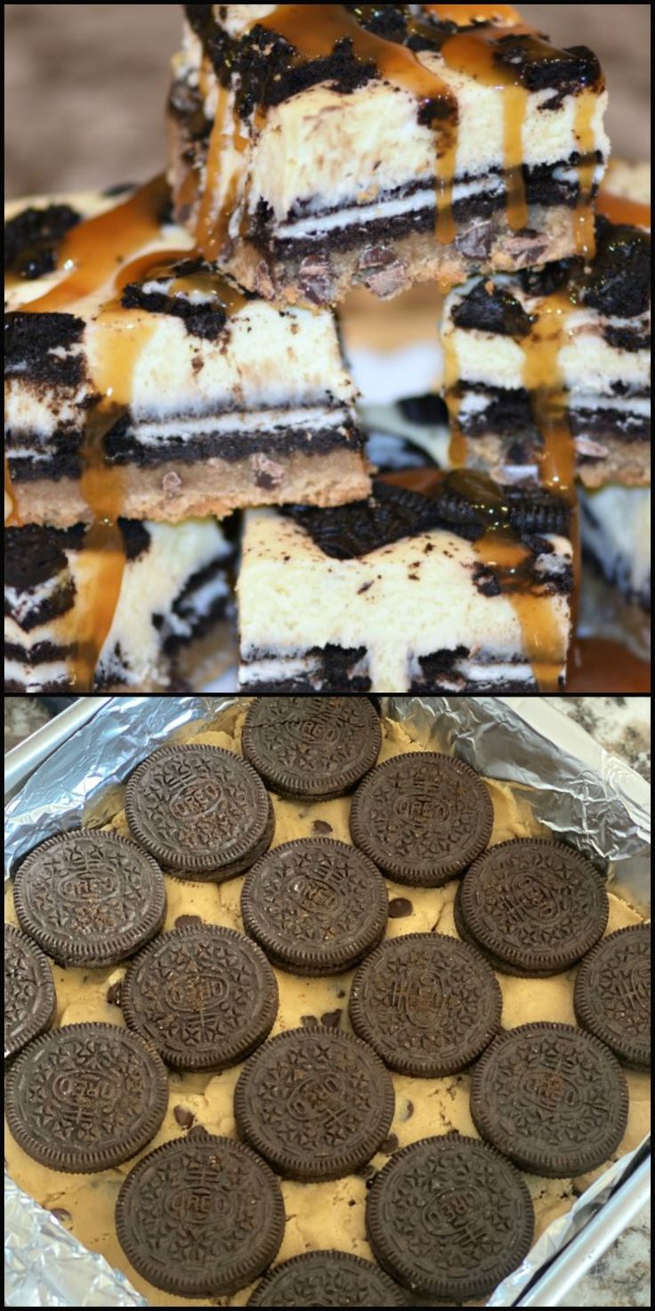 oreo cookies and cheesecake desserts are shown in three different pictures, one is on top of the other