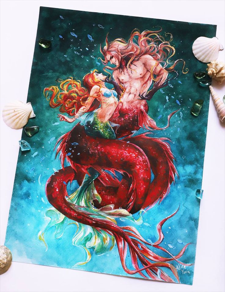 a painting of two mermaids sitting on top of each other with shells around them